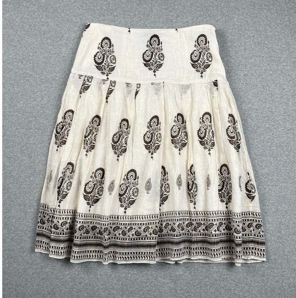 VTG Paisley Floral Tiered Midi Skirt 9 Cream Brown Metallic Folk Cottage Boho